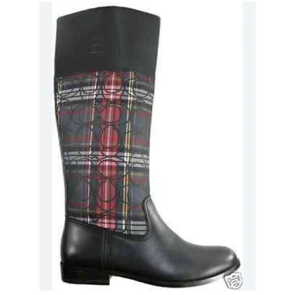 COACH CHRISSI SIGNATURE BLACK Leather Plaid Knee High Riding Boots Sz 7 - Picture 1 of 12